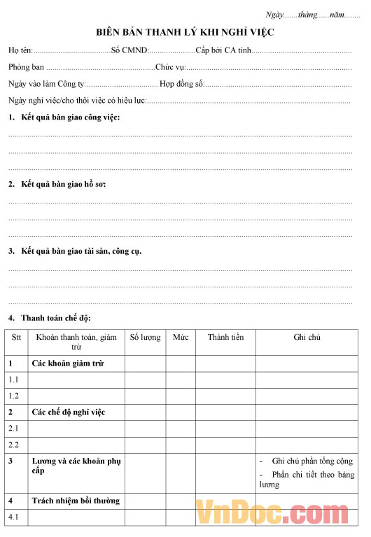 Mẫu biên bản thanh lý nghỉ việc