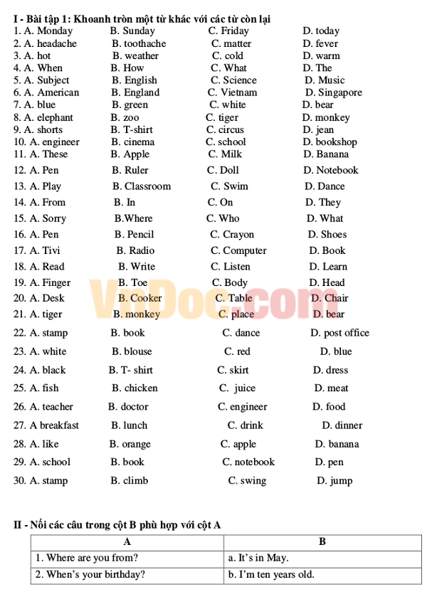 Bộ đề luyện thi olympic tiếng Anh lớp 4