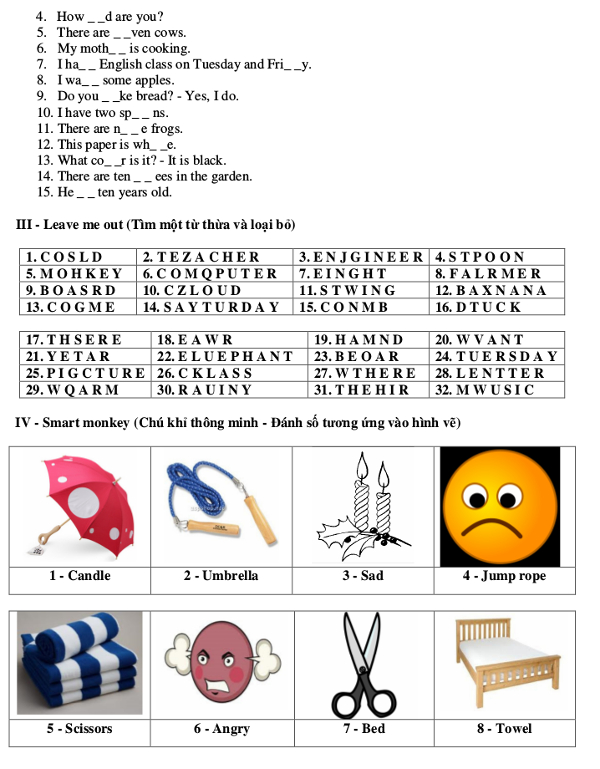 Bài tập Tiếng Anh lớp 4 có đáp án