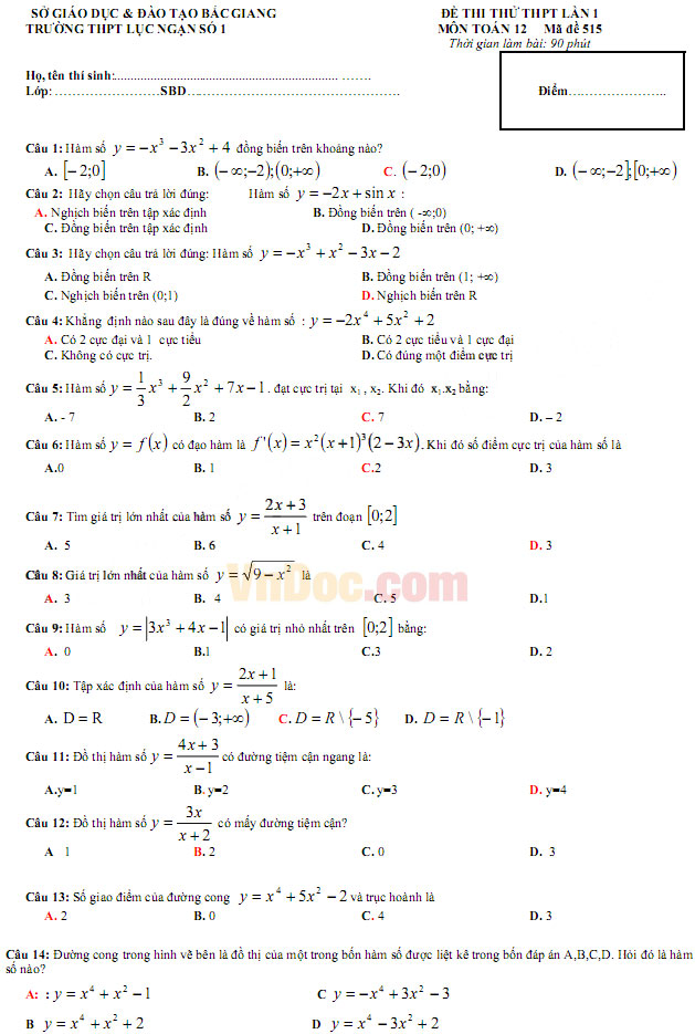 Đề thi thử THPT Quốc gia năm 2017 môn Toán trắc nghiệm trường THPT Lục Ngạn số 1, Bắc Giang (Lần 1) Đề thi thử THPT Quốc gia năm 2017 môn Toán trắc nghiệm có đáp án