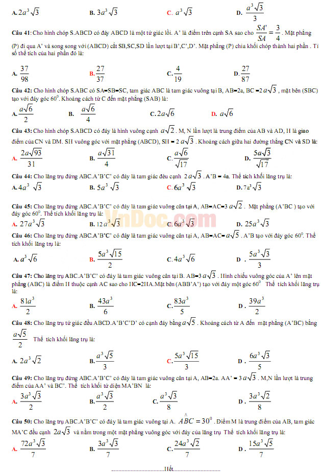 Đề thi thử THPT Quốc gia năm 2017 môn Toán trắc nghiệm trường THPT Lục Ngạn số 1, Bắc Giang (Lần 1) Đề thi thử THPT Quốc gia năm 2017 môn Toán trắc nghiệm có đáp án