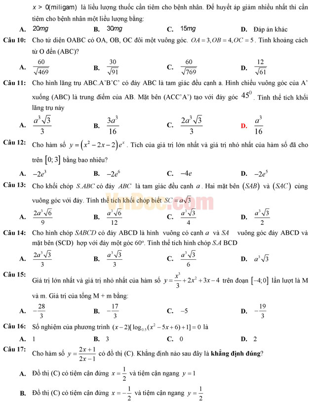 Đề thi thử THPT Quốc gia năm 2017 môn Toán trắc nghiệm trường THPT Lục Ngạn số 3, Bắc Giang (Lần 1) Đề thi thử THPT Quốc gia năm 2017 môn Toán trắc nghiệm