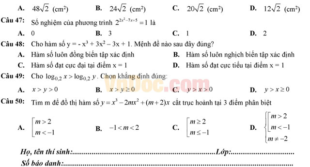 Đề thi thử THPT Quốc gia năm 2017 môn Toán trắc nghiệm trường THPT Lục Ngạn số 3, Bắc Giang (Lần 1) Đề thi thử THPT Quốc gia năm 2017 môn Toán trắc nghiệm
