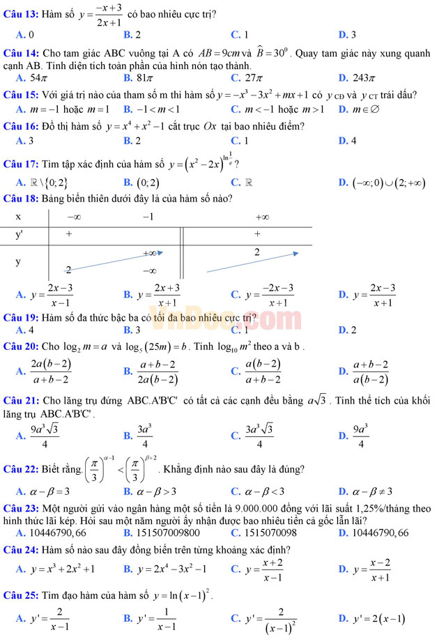 Đề thi thử học kì 1 môn Toán lớp 12
