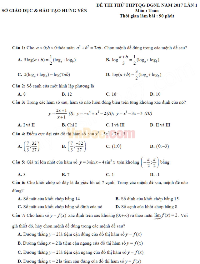 Đề thi thử THPT Quốc gia năm 2017 môn Toán trắc nghiệm - Sở GD&ĐT Hưng Yên (Lần 1) Đề thi thử THPT Quốc gia năm 2017 môn Toán trắc nghiệm