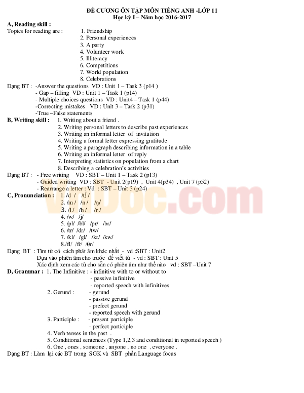 Đề ôn tập học kì 1 môn Tiếng anh lớp 11 Đề ôn tập học kì 1 môn Tiếng anh lớp 11 có đáp án