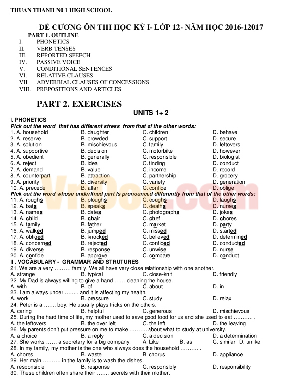 Đề ôn tập học kì 1 môn Tiếng anh lớp 12 có đáp án