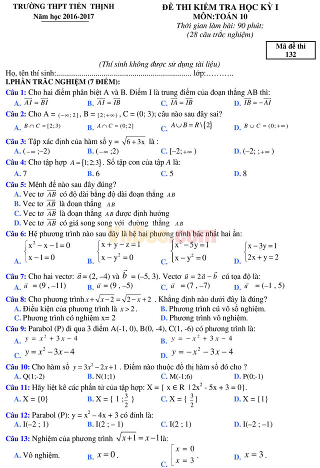 Đề thi học kì 1 môn Toán lớp 10