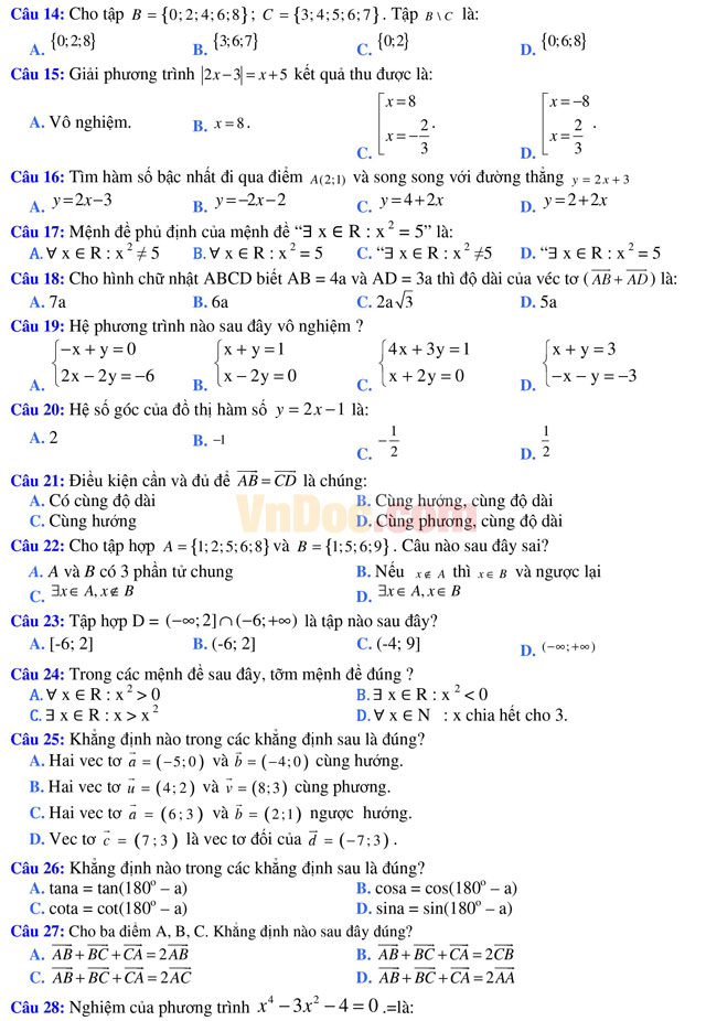 Đề thi học kì 1 môn Toán lớp 10