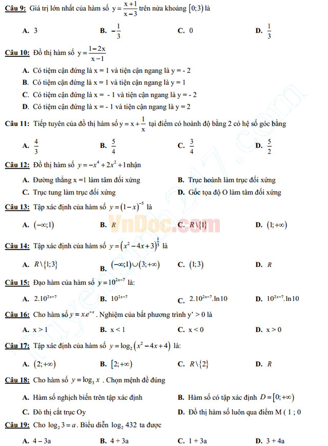 Đề thi học kì 1 môn Toán lớp 12 có đáp án