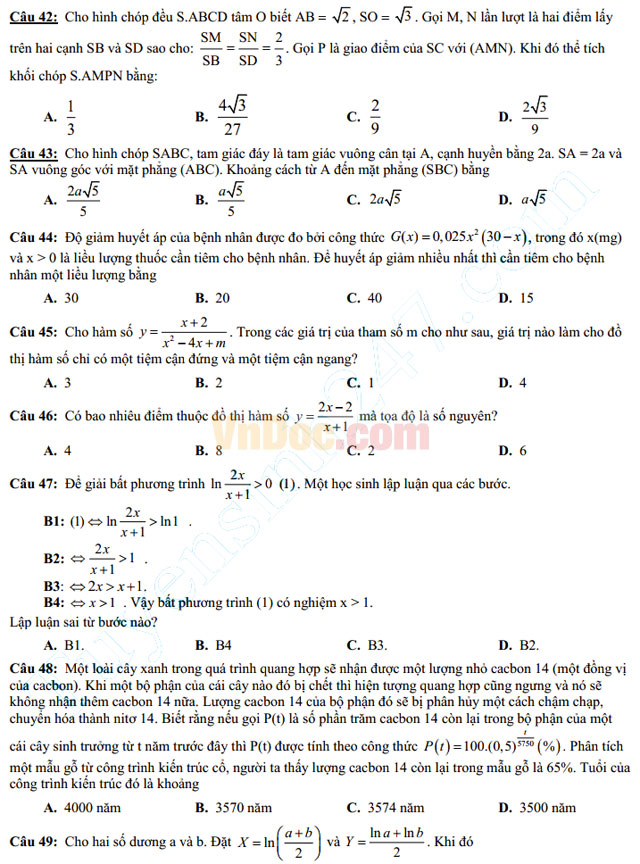 Đề thi học kì 1 môn Toán lớp 12 có đáp án