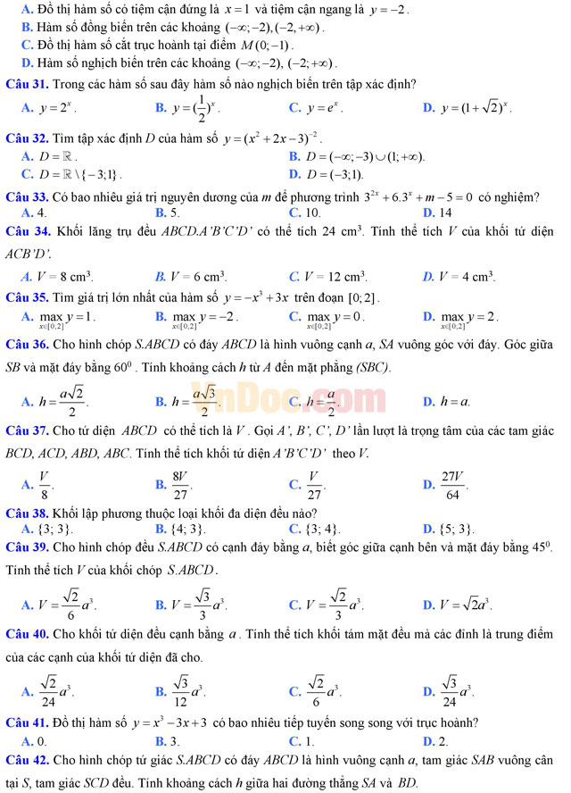 Đề thi thử THPT Quốc gia năm 2017 môn Toán trắc nghiệm có đáp án