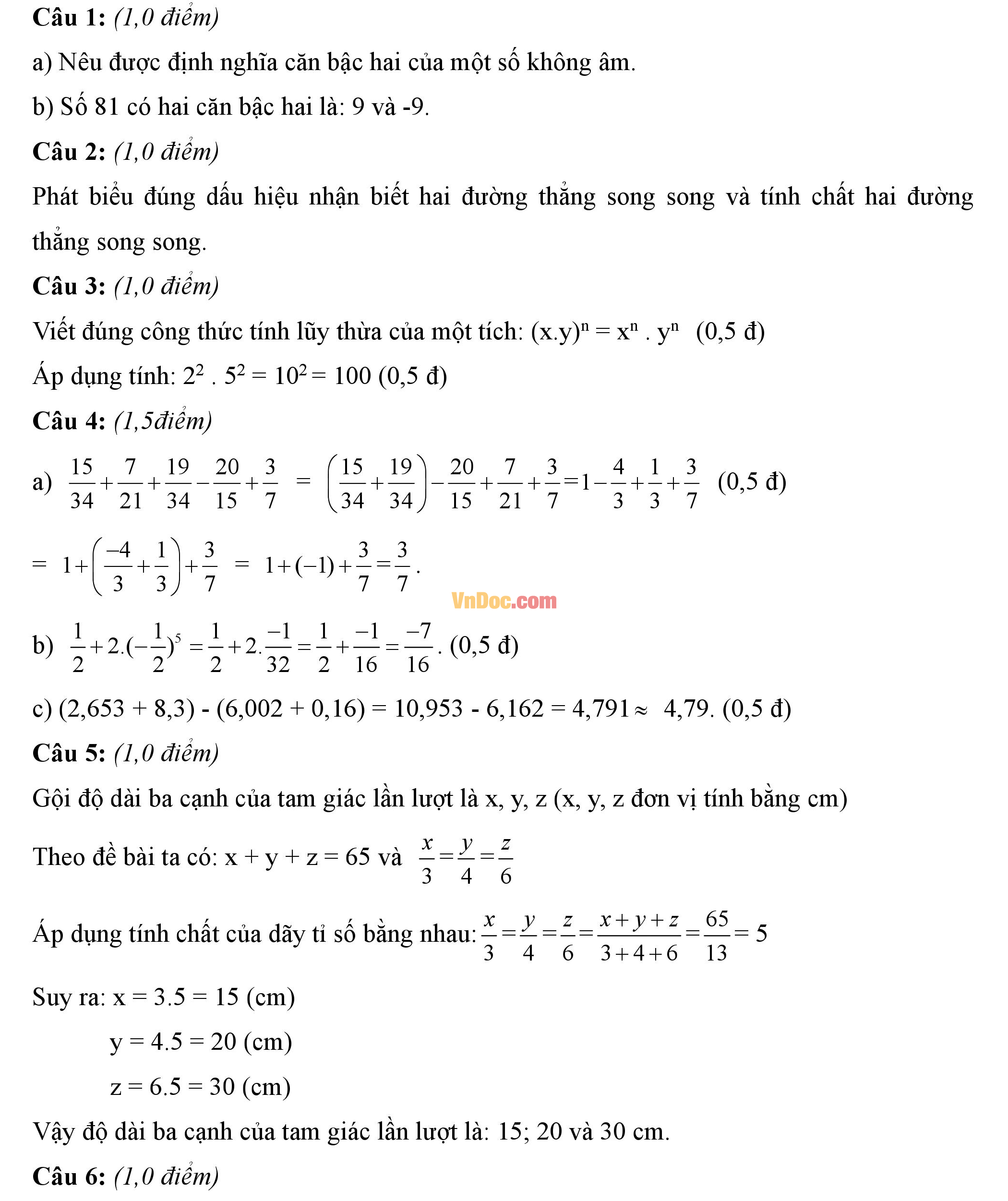 Đáp án đề thi hk1 môn Toán lớp 7