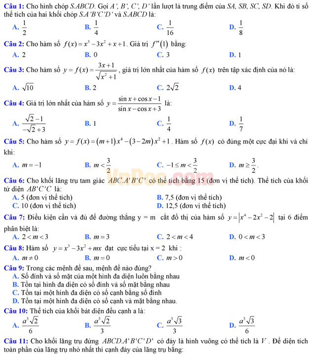 Đề thi thử THPT Quốc gia năm 2017 môn Toán trắc nghiệm trường THPT Ngô Sĩ Liên, Bắc Giang (Lần 1) Đề thi thử THPT Quốc gia năm 2017 môn Toán trắc nghiệm có đáp án