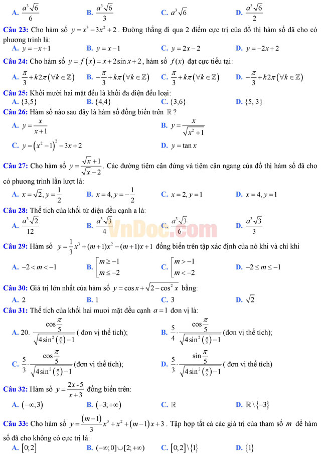 Đề thi thử THPT Quốc gia năm 2017 môn Toán trắc nghiệm trường THPT Ngô Sĩ Liên, Bắc Giang (Lần 1) Đề thi thử THPT Quốc gia năm 2017 môn Toán trắc nghiệm có đáp án
