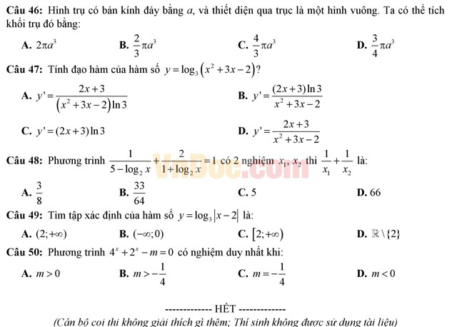 Đề thi học kì 1 môn Toán lớp 12