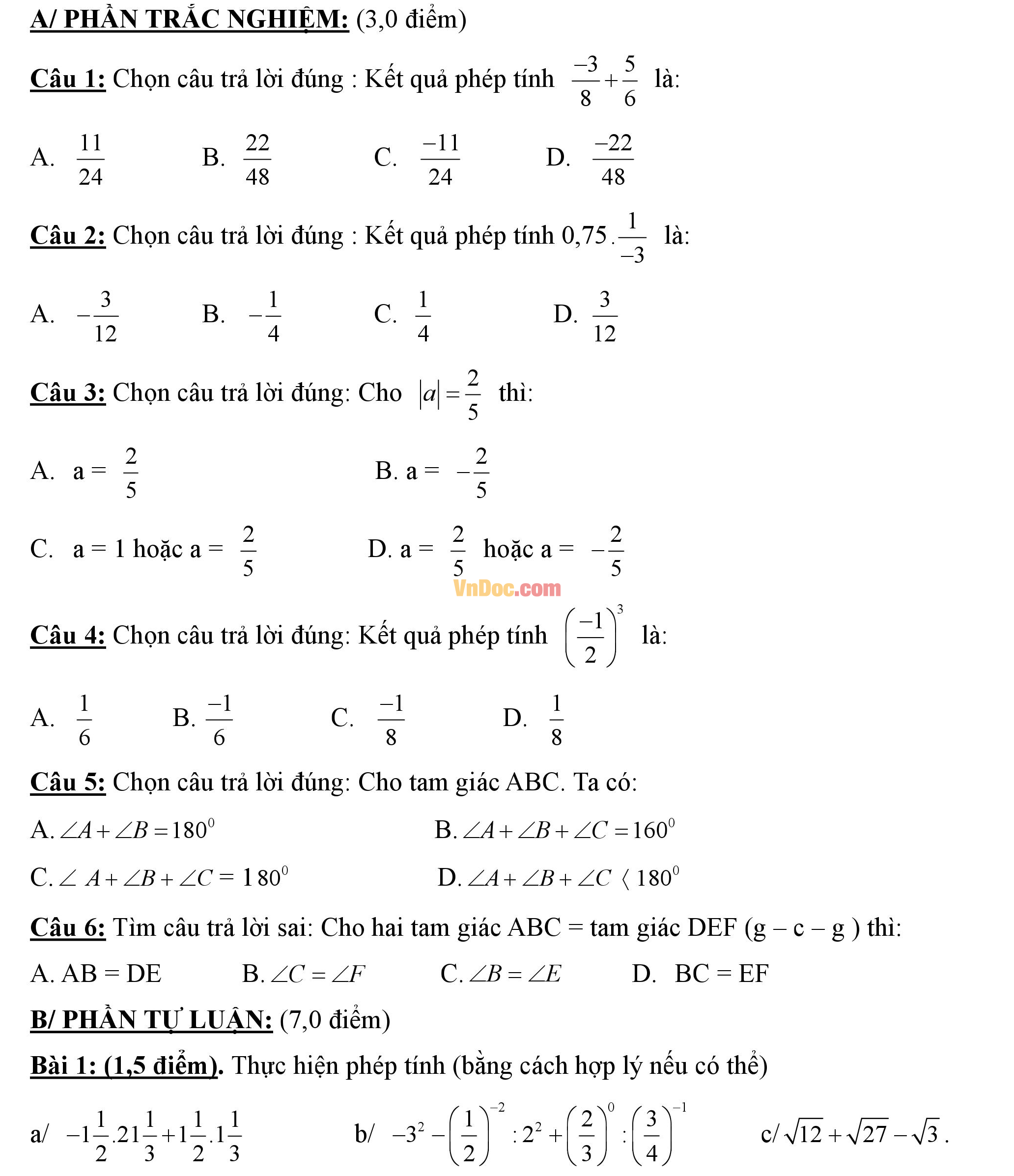 Đề thi hk1 môn Toán lớp 7
