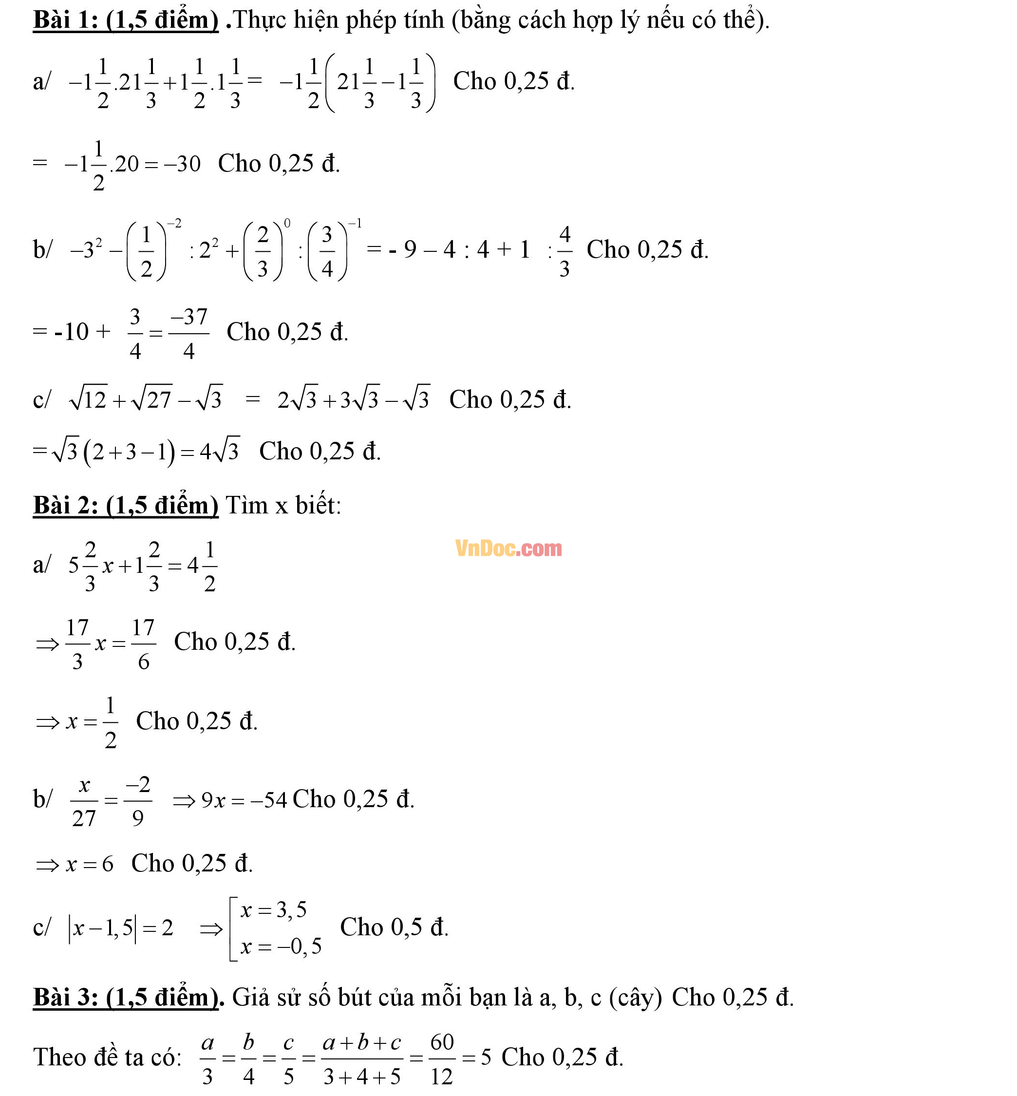 Đáp án đề thi hk1 môn Toán lớp 7