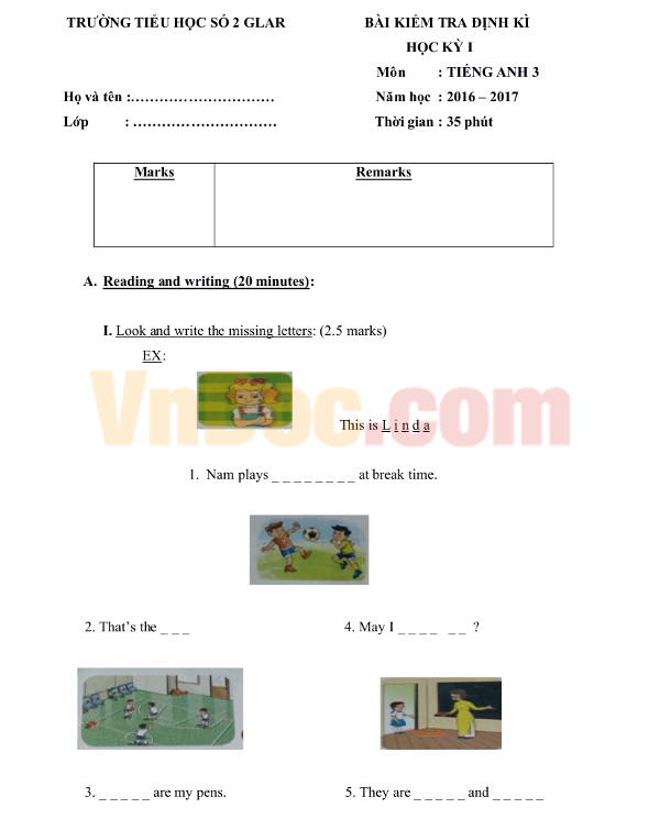 Đề thi học kì I môn Tiếng Anh lớp 3