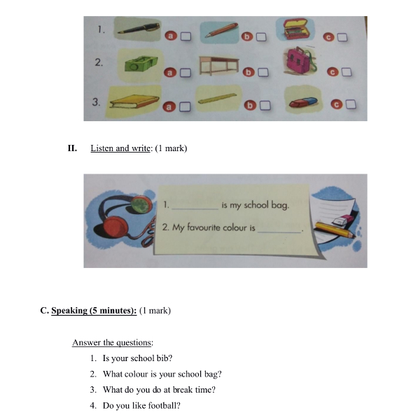 Đề thi học kỳ 1 môn tiếng Anh lớp 3 trường Tiểu học số 2 Glar, Gia Lai