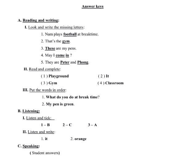 Đề thi học kỳ 1 môn tiếng Anh lớp 3 trường Tiểu học số 2 Glar, Gia Lai năm học 2016 - 2017 có đáp án