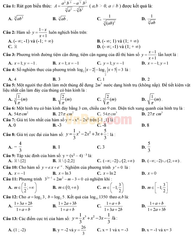 Đề thi học kì 1 môn Toán lớp 12 có đáp án