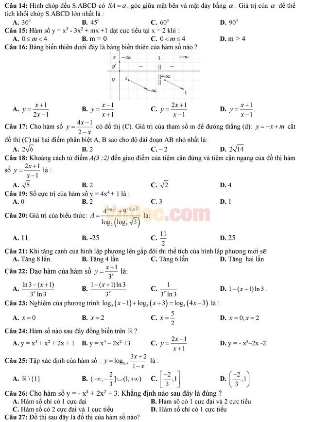 Đề thi học kì 1 môn Toán lớp 12 có đáp án