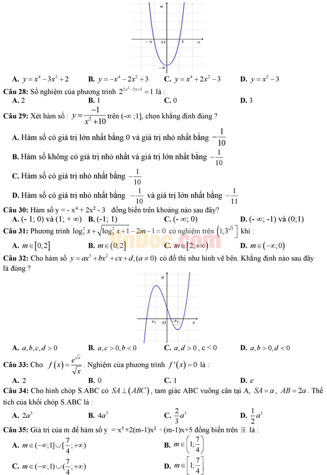 Đề thi học kì 1 môn Toán lớp 12 có đáp án