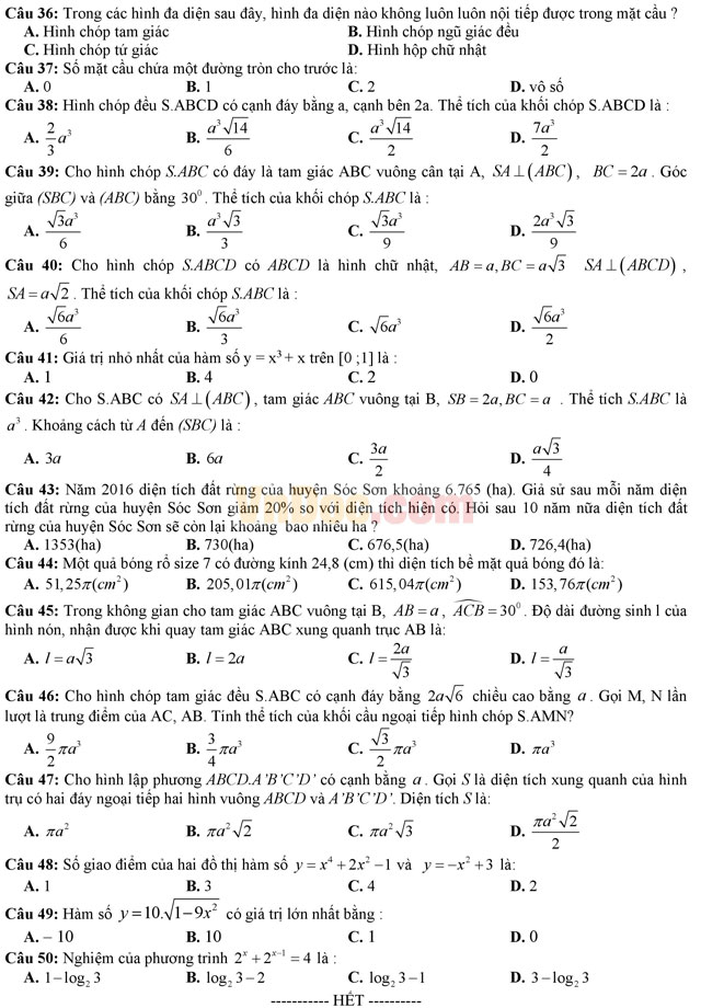 Đề thi học kì 1 môn Toán lớp 12 có đáp án