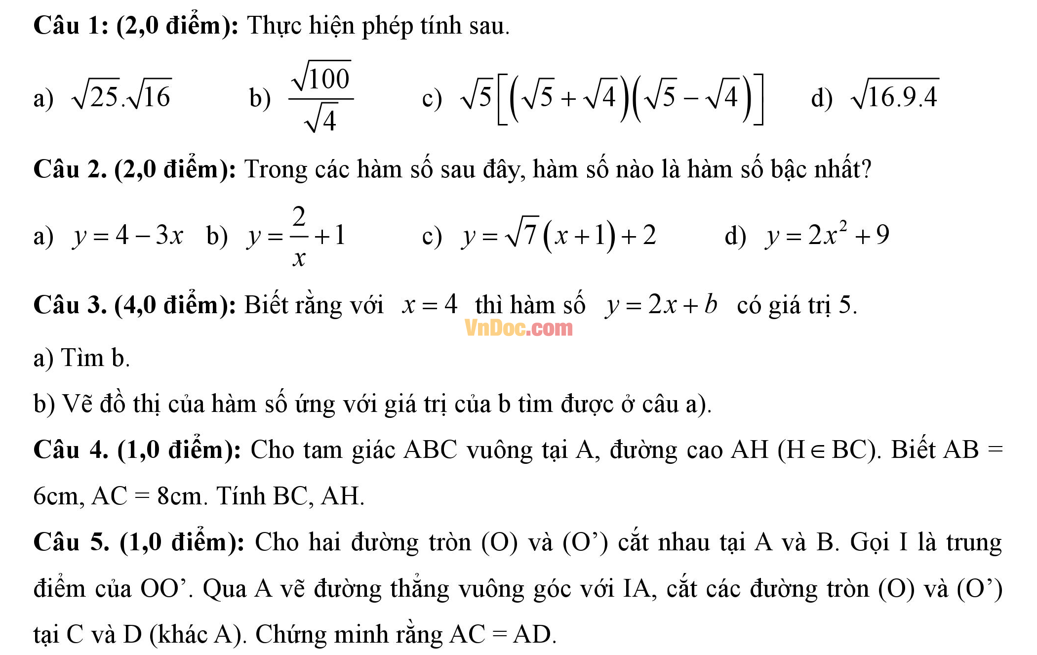 Đề thi hk1 môn Toán lớp 9
