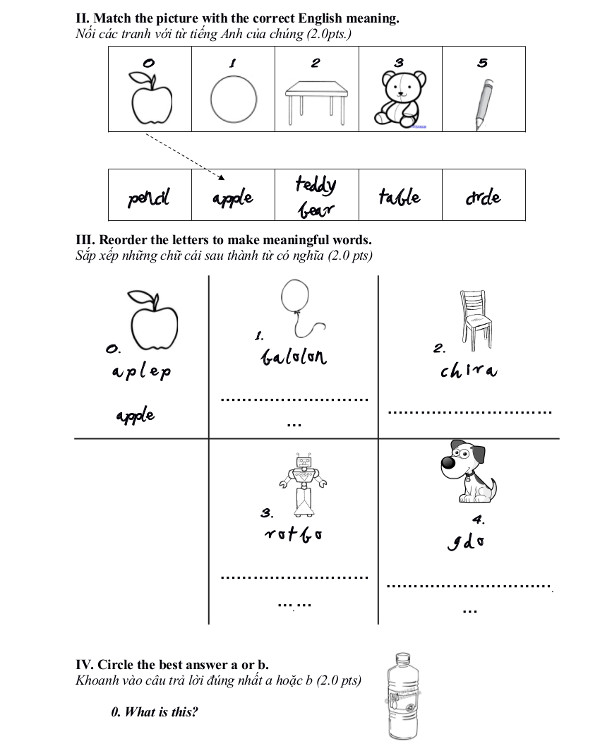 Đề kiểm tra cuối học kỳ I môn tiếng Anh lớp 2 dành cho bé có đáp án Đề kiểm tra cuối học kỳ I môn tiếng Anh lớp 2 dành cho bé
