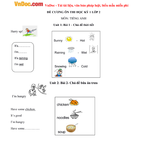 Bài tập tiếng Anh cho trẻ em lớp 2