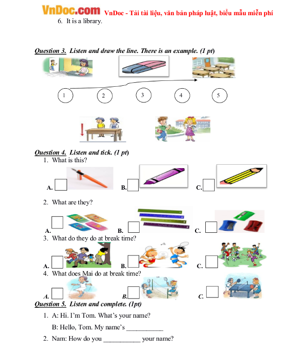 Đề kiểm tra học kỳ 1 tiếng Anh lớp 3