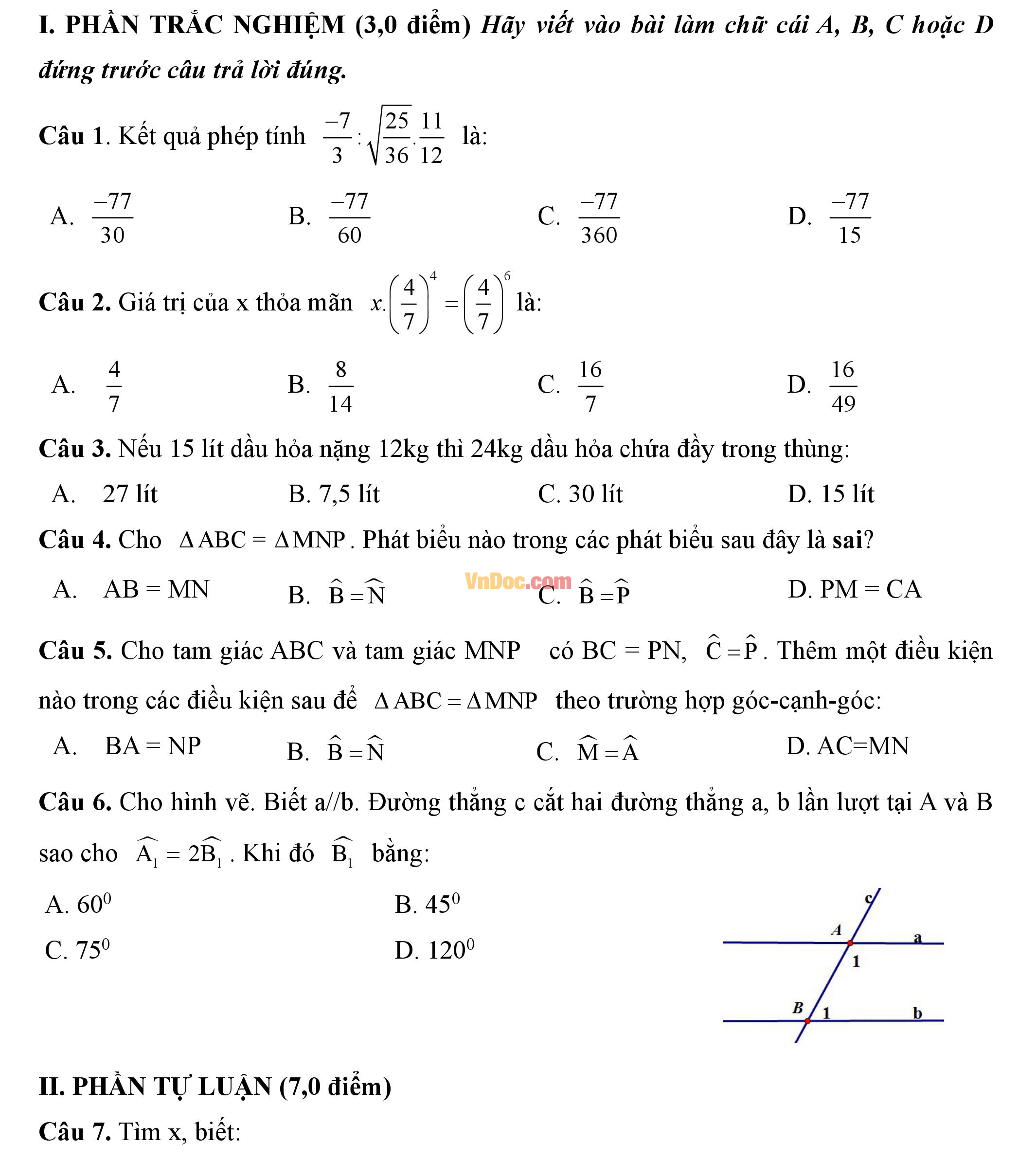 Đề thi hk1 môn toán lớp 7