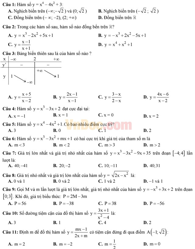 Đề thi học kì 1 môn Toán lớp 12 trường THPT Nguyễn Chí Thanh, TP Hồ Chí Minh năm học 2016 - 2017 Đề thi học kì 1 môn Toán lớp 12 có đáp án