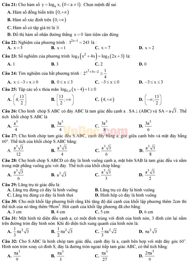 Đề thi học kì 1 môn Toán lớp 12 trường THPT Nguyễn Chí Thanh, TP Hồ Chí Minh năm học 2016 - 2017 Đề thi học kì 1 môn Toán lớp 12 có đáp án