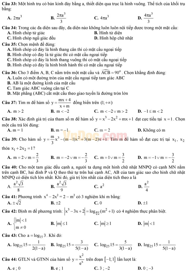 Đề thi học kì 1 môn Toán lớp 12 trường THPT Nguyễn Chí Thanh, TP Hồ Chí Minh năm học 2016 - 2017 Đề thi học kì 1 môn Toán lớp 12 có đáp án