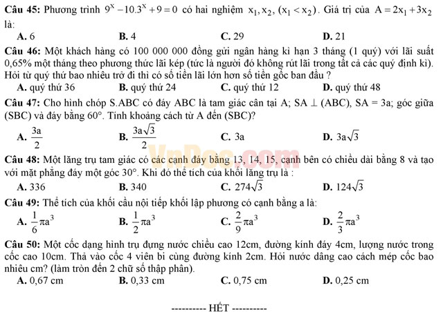 Đề thi học kì 1 môn Toán lớp 12 trường THPT Nguyễn Chí Thanh, TP Hồ Chí Minh năm học 2016 - 2017 Đề thi học kì 1 môn Toán lớp 12 có đáp án