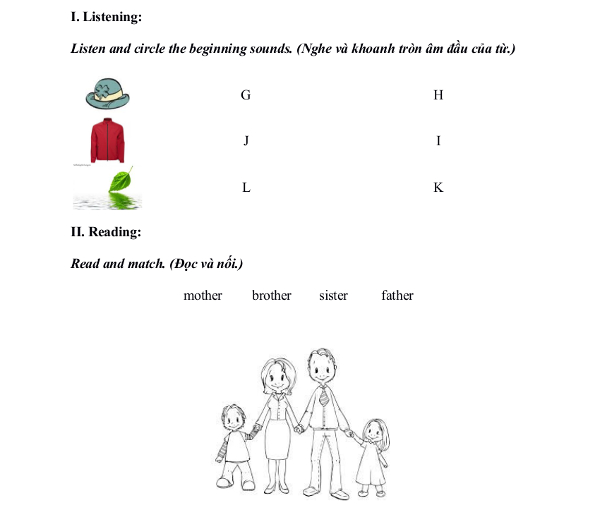 Đề thi học kì 1 môn Tiếng Anh lớp 1 có đáp án Đề thi học kì 1 môn Tiếng Anh lớp 1