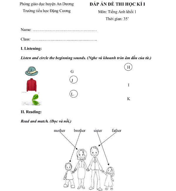Đề thi học kỳ 1 môn tiếng Anh lớp 1 có đáp án Đề thi học kỳ 1 môn tiếng Anh lớp 1