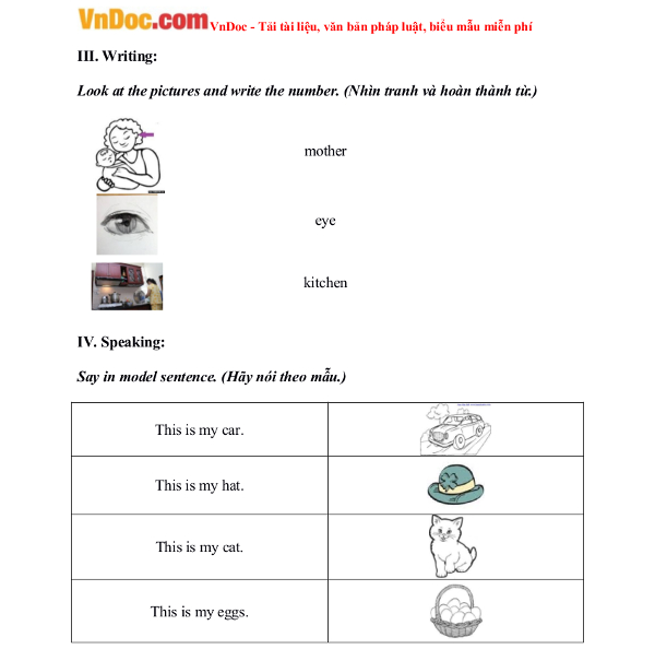 Đề kiểm tra học kì 2 môn Tiếng Anh lớp 1 Đề thi học kỳ 1 môn tiếng Anh lớp 1