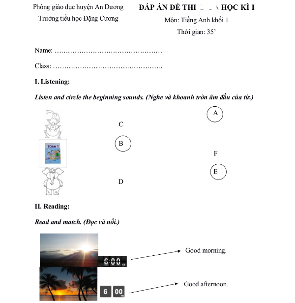 Bộ đề thi tiếng anh cho học sinh lớp 1 có đáp án Bộ đề thi tiếng anh cho học sinh lớp 1
