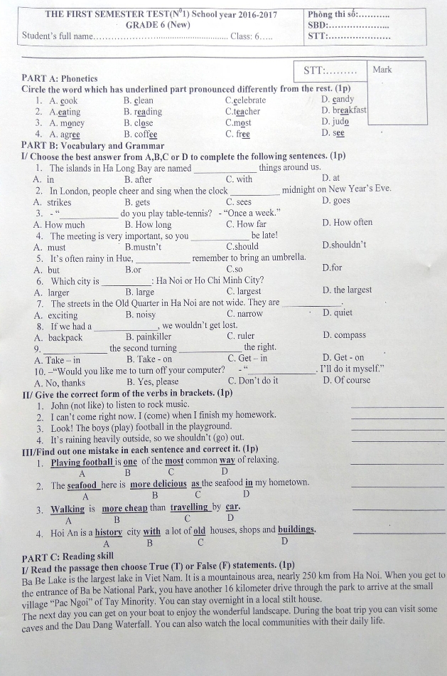 Đề thi học kỳ 1 môn Tiếng Anh lớp 6 trường THCS Xuân La, Hà Nội năm học 2016 - 2017 Đề thi học kỳ 1 môn Tiếng Anh lớp 6 trường THCS Xuân La, Hà Nội năm học 2016 - 2017 có đáp án