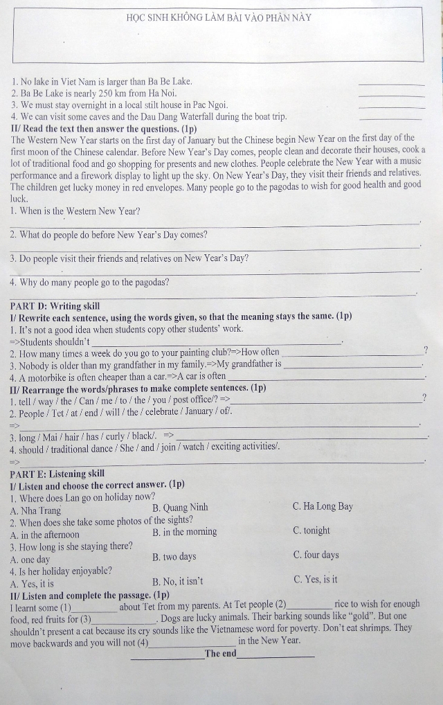 Đề thi học kỳ 1 môn Tiếng Anh lớp 6 có đáp án Đề thi học kỳ 1 môn Tiếng Anh lớp 6