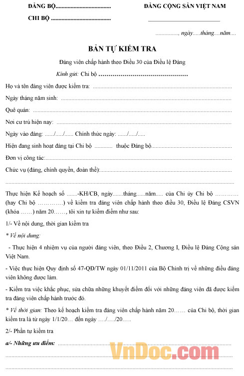 Mẫu bản kiểm điểm đảng viên chấp hành điều lệ Đảng