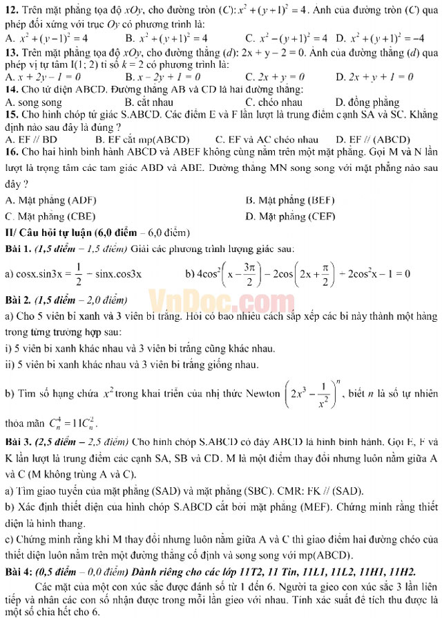 Đề thi học kì 1 môn Toán lớp 11 trường THPT chuyên Hà Nội - Amsterdam năm học 2016 - 2017