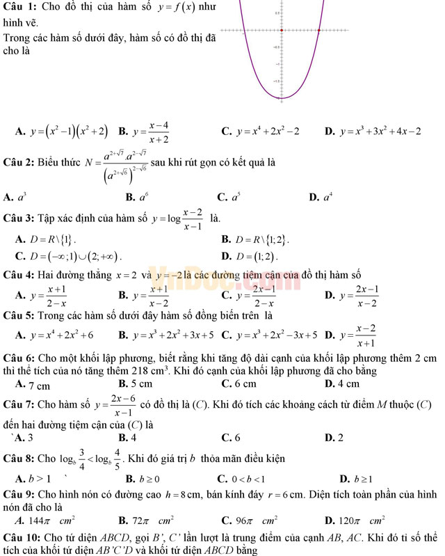 Đề thi học kì 1 môn Toán lớp 12 Sở GD&ĐT Ninh Thuận năm học 2016 - 2017 Đề thi học kì 1 môn Toán lớp 12