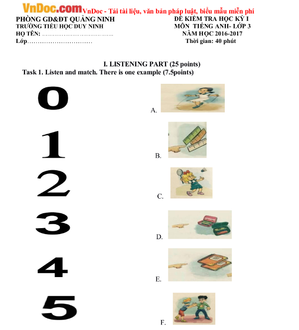 Đề thi học kỳ 1 môn tiếng Anh lớp 3 có đáp án