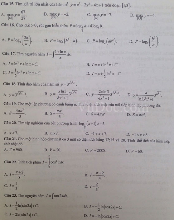 Đề thi thử THPT Quốc gia năm 2017 môn Toán trường THPT chuyên Khoa học tự nhiên có đáp án
