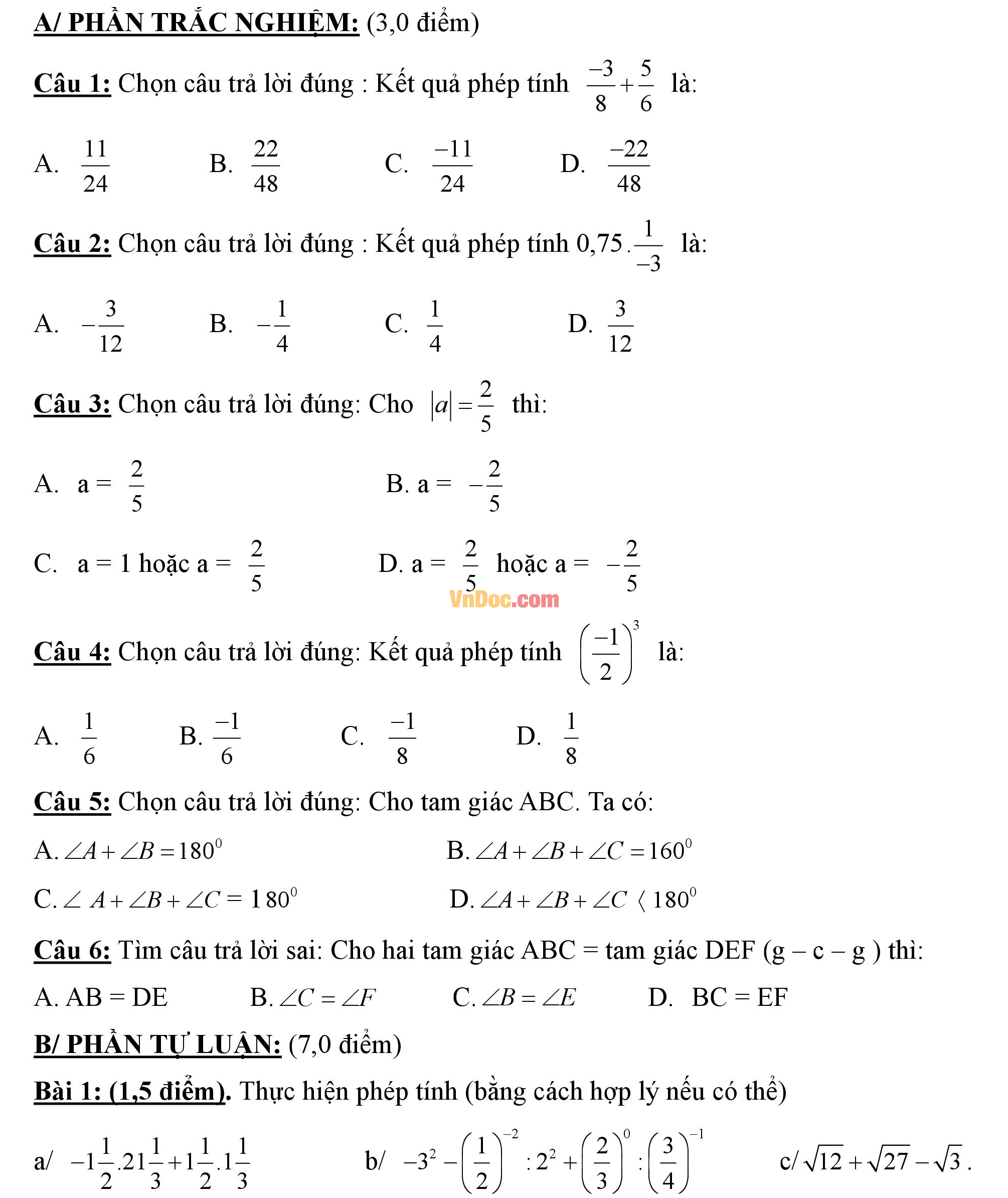 Đề thi hk1 môn Toán lớp 7